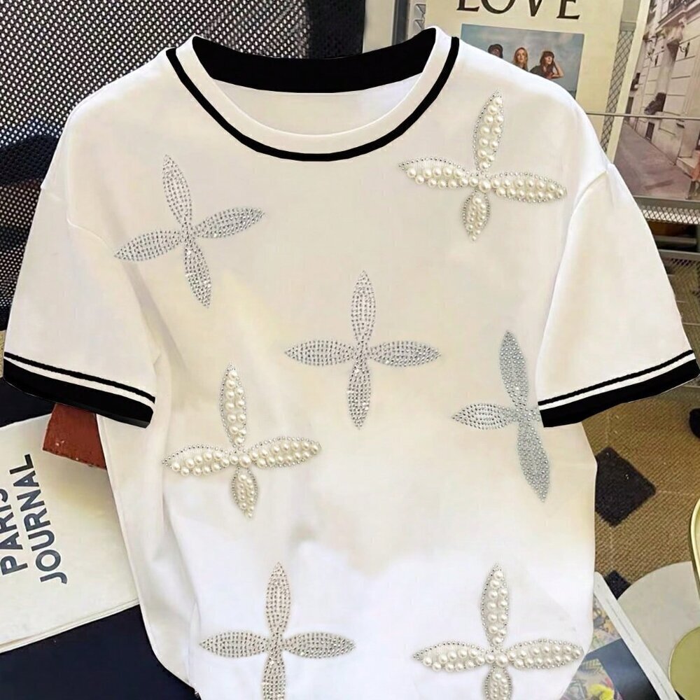 Multicolor Casual Women's Pearl Decor Round Neck Short Sleeve Knit T-Shirt